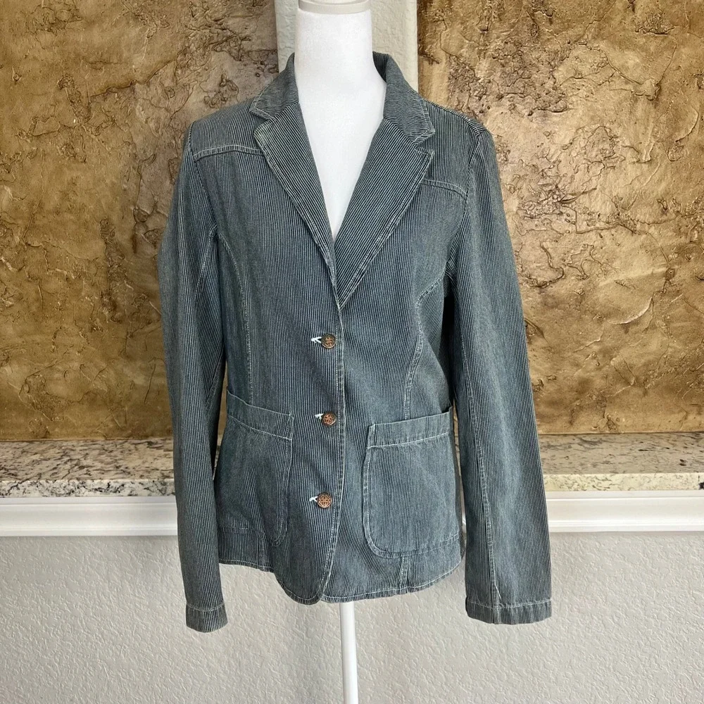 VINTAGE OshKosh Blazer Women‎ Medium Blue Hickory Stripe Denim Railroad 90s Y2K